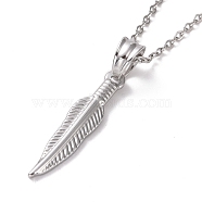304 Stainless Steel Feather Pendant Necklace for Women, Stainless Steel Color, 19.69 inch(50cm)(STAS-E154-15P)