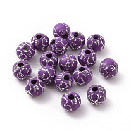 Plating Acrylic Beads, Silver Metal Enlaced, Round with Flower, Blue Violet, 8mm, Hole: 2.2mm, about 1870pcs/500g(OACR-C013-02A)