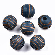 Painted Natural Wood Beads, Laser Engraved Pattern, Round with Zebra-Stripe, Marine Blue, 15.5~16.5x15mm, Hole: 4mm(WOOD-T021-54B-03)