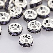 Brass Rhinestone Spacer Beads, Grade A, Straight Flange, Silver Color Plated, Rondelle, Tanzanite, 8x3.8mm, Hole: 1.5mm(RB-A014-Z8mm-18S)