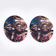 Printed Wooden Big Pendants, Dyed, Oval with Woman, Colorful, 63x50x2.5mm, Hole: 1.2mm(X-WOOD-S050-10L)