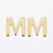 304 Stainless Steel Charms, Letter, Initial Charms, Real 18k Gold Plated, Letter.M, 11x6~12x0.8mm, Hole: 1mm(STAS-P141-M)