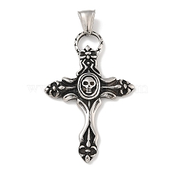 304 Stainless Steel Big Pendants, Cross with Skull Charm, Antique Silver, 52x34x6mm, Hole: 7mm(STAS-Z097-13AS-03)