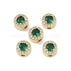 Rack Plating Brass Micro Pave Cubic Zirconia Flat Round Beads, Real 18K Gold Plated, Long-Lasting Plated, Cadmium Free & Nickel Free & Lead Free, Green, 7x5.5mm, Hole: 1.8mm(KK-C007-13G-05)