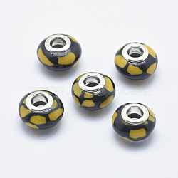 Handmade Polymer Clay European Beads, with Silver Color Plated Brass Cores, Large Hole Beads, Rondelle, Black, 13~16x8~11mm, Hole: 4.5~5mm(CLAY-K002-C12)