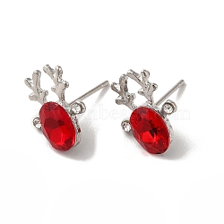 Christmas Deer Head Alloy Glass Stud Earrings for Women, with 304 Stainless Steel Pin, Cadmium Free & Nickel Free & Lead Free, Red, 14x10.5mm, Pin: 0.7mm(X-EJEW-E284-02P)