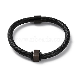 Leather Braided Round Cord Bracelet, with 304 Stainless Steel Magnetic Clasps & Beads for Men Women, Black, 8-1/4 inch(20.8cm)(BJEW-F460-04EB)