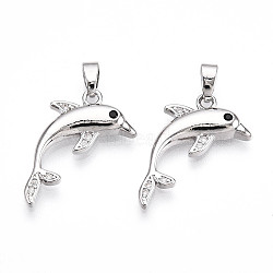 Brass Micro Pave Cubic Zirconia Pendants, Dolphin Charms, Platinum, 21x17.5x3mm, Hole: 4.5x2mm(KK-N257-10P)