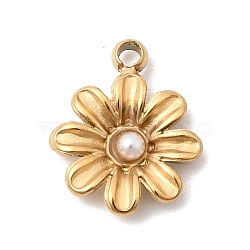 304 Stainless Steel & ABS Imitation Pearl Pendants, Flower Charm, Golden, 10x8x2mm, Hole: 1mm(STAS-P450-07G)