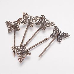 Brass Hair Bobby Pin Findings, Butterfly, Antique Bronze, 2x55x2mm, Tray: 30x22x1mm(KK-G038-AB)