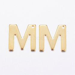 304 Stainless Steel Charms, Letter, Initial Charms, Real 18k Gold Plated, Letter.M, 11x6~12x0.8mm, Hole: 1mm(STAS-P141-M)