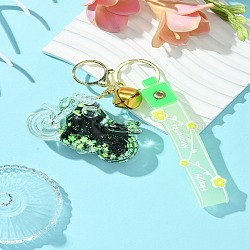 Motorbike Quicksand Acrylic Keychain, with PVC Rope and Alloy Bell, Lawn Green, 11cm(KEYC-YW00057-01)