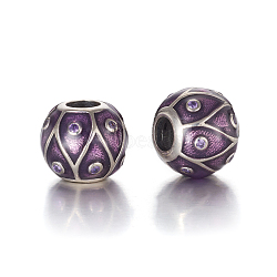 Antique Silver Plated 925 Sterling Silver European Beads, Large Hole Beads, with Cubic Zirconia and Enamel, Carved with 925, Round, Purple, 11.5x10mm, Hole: 4mm(STER-L062-01B)