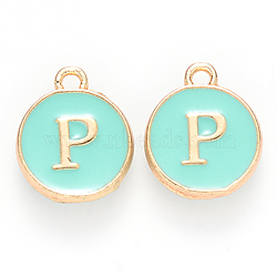 Golden Plated Alloy Enamel Charms, Cadmium Free & Lead Free, Enamelled Sequins, Flat Round with Letter, Turquoise, Letter.P, 14x12x2mm, Hole: 1.5mm(X-ENAM-S118-05P)