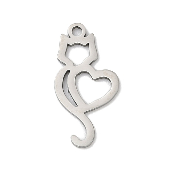 201 Stainless Steel Pendants, Cat Shape Charms, Stainless Steel Color, 20x10x1mm, Hole: 1.4mm