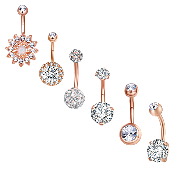 Brass Piercing Jewelry, Belly Rings, with Glass Rhinestone, Mixed Shapes, Rose Gold, 21~31mm, bar: 15 Gauge(1.5mm), bar length: 3/8"(10mm)~9/16"(14mm)