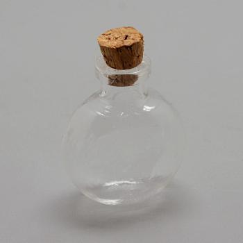 Glass Bottle Bead Containers, with Cork Stopper, Wishing Bottle, Flat Round, Clear, 32.5x27x17.5mm, Hole: 6.5mm, Bottleneck: 10mm in diameter, Capacity: 5ml(0.17 fl. oz)