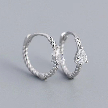 Simple S925 Sterling Silver Twisted Teardrop Hoop Earrings, Geometric Design, Silver, 13x3mm