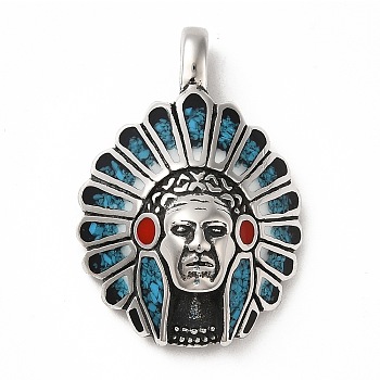 304 Stainless Steel Pendants, with Synthetic Turquoise, Indian Charm, Antique Silver, 31x21x9mm, Hole: 6x3.5mm