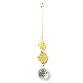 Wire Wrapped Nuggets Natural Citrine Pendant Decorations, Brass Rhombus and Glass Round Tassels Hanging Ornaments, 245mm, Hole: 11mm