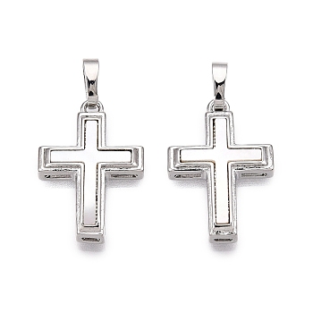 Brass & Shell Pendants, Cross Charms, Platinum, 21x14.5x4mm, Hole: 6x3.5mm