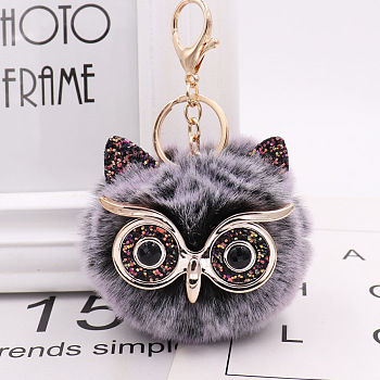 Pom Pom Ball Keychain, with KC Gold Tone Plated Alloy Lobster Claw Clasps, Iron Key Ring and Chain, Owl, Dark Gray, 12cm