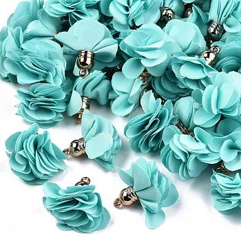 Cloth Pendants, with CCB Plastic, 6-Petal, Flower, Golden, Turquoise, 26~27x17~28mm, Hole: 1.6mm