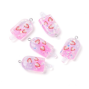 Resin Pendants, with Platinum Tone Iron Loop, Imitation Food, Ice-lolly with Fruit, Strawberry Pattern, 37x16.5x17.5mm, Hole: 2mm