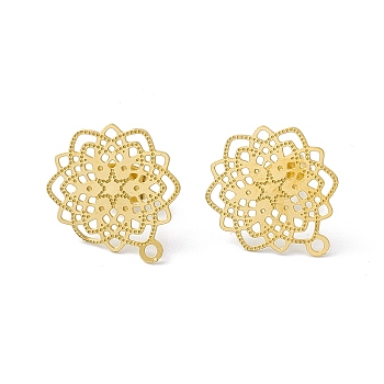 304 Stainless Steel Stud Earrings Finding, Hollow Flower, with Horizontal Loop, Golden, 17x14mm, Hole: 1.2mm, Pin: 0.85mm
