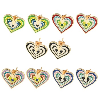 Heart Real 18K Gold Plated Brass Stud Earrings, with Enamel, Mixed Color, 16.5x18mm