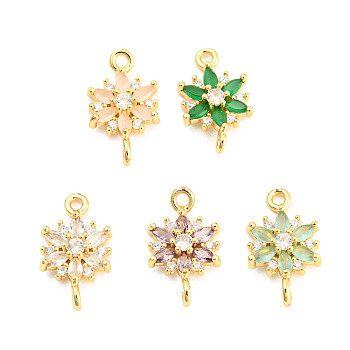 Brass Pave Glass Connector Charms, Golden, Flower Links, Mixed Color, 17.5x10x3.5mm, Hole: 1.5mm