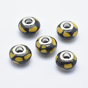 Handmade Polymer Clay European Beads, with Silver Color Plated Brass Cores, Large Hole Beads, Rondelle, Black, 13~16x8~11mm, Hole: 4.5~5mm
