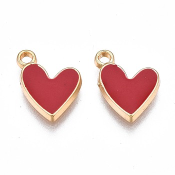 Brass Enamel Charms, Nickel Free, Real 18K Gold Plated, Heart, Dark Red, 13x9.5x2mm, Hole: 1.4mm