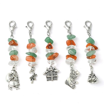 Synthetic & Natural Mixed Stone Chips Pendant Decorations, with Alloy Pendants and Lobster Claw Clasps, Christmas Sock/Tree/Candy Cane/Gift Box, Mixed Shapes, 64~71mm