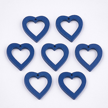 Painted Poplar Wood Pendants, Heart, Marine Blue, 25x23x3mm, Hole: 1.5mm