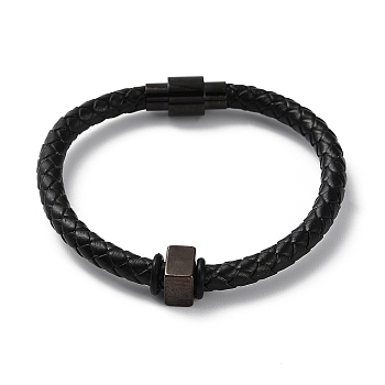 Leather Braided Round Cord Bracelet, with 304 Stainless Steel Magnetic Clasps & Beads for Men Women, Black, 8-1/4 inch(20.8cm)