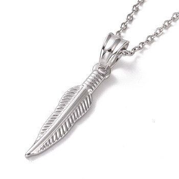 304 Stainless Steel Feather Pendant Necklace for Women, Stainless Steel Color, 19.69 inch(50cm)