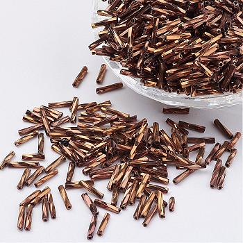 Glass Twisted Bugle Beads, Metallic Colours,Camel, 12x2mm, Hole: 0.5mm, about 5000pcs/bag