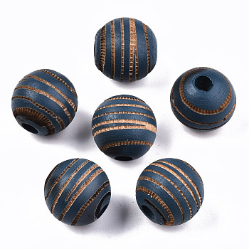 Painted Natural Wood Beads, Laser Engraved Pattern, Round with Zebra-Stripe, Marine Blue, 15.5~16.5x15mm, Hole: 4mm