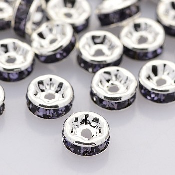 Brass Rhinestone Spacer Beads, Grade A, Straight Flange, Silver Color Plated, Rondelle, Tanzanite, 8x3.8mm, Hole: 1.5mm