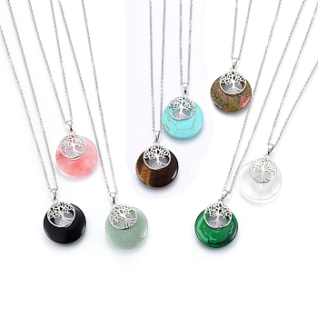 Natural & Synthetic Mixed Stone Pendant Necklaces, with 304 Stainless Steel Findings, Flat Round with Tree, 19.68 inch(50cm), Pendant: 40x28x6mm