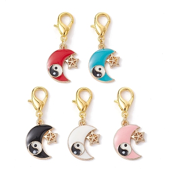 Moon with Star & Yin Yang Alloy Enamel Pendants Decoraiton, with Alloy Stainless Steel Lobster Claw Clasps, Mixed Color, 36mm