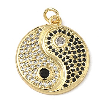 Brass Micro Pave Cubic Zirconia Pendants, with Jump Ring, Yin-yang Charms, Black & Clear, Real 16K Gold Plated, 23.5x21x2.5mm, Hole: 3mm