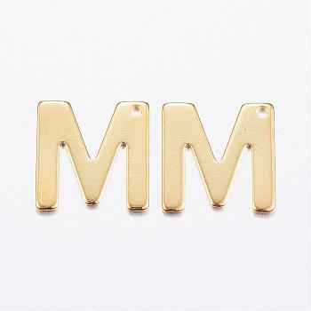 304 Stainless Steel Charms, Letter, Initial Charms, Real 18k Gold Plated, Letter.M, 11x6~12x0.8mm, Hole: 1mm