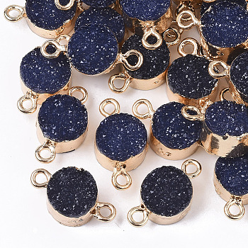 Druzy Resin Links connectors, with Edge Light Gold Plated Iron Loops, Flat Round, Prussian Blue, 18~19x10x6.5mm, Hole: 1.8mm