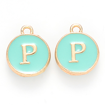 Golden Plated Alloy Enamel Charms, Cadmium Free & Lead Free, Enamelled Sequins, Flat Round with Letter, Turquoise, Letter.P, 14x12x2mm, Hole: 1.5mm