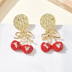 Brass Micro Pave Cubic Zirconia Dangle Stud Earrings for Women, Cherry, with Enamel, Rack Plating, Long-Lasting Plated, Lead Free & Cadmium Free, Real 18K Gold Plated, 31.5x17.5mm(EJEW-A167-01G)