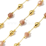 Handmade Sunstone Faceted Round Beaded Chains, Soldered, with Brass Beads, Long-Lasting Plated, with Spool, Golden, 6mm, about 32.81 Feet(10m)/Roll(CHC-F021-01G-02)