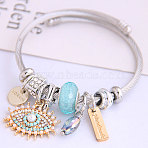 Adjustable 304 Stainless Steel European Bangles, Charm Bangles for Women, Word Morava & Evil Eye, with Alloy & Rhinestone & Resin, Pale Turquoise, Inner Diameter: 2-1/8 inch(5.5cm)(FS-WG38FEB-02)