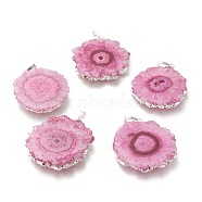 Dyed Natural Druzy Solar Quartz Crystal Pendants, Edge Plated, with Brass Bails, Sunflower, Silver, Hot Pink, 40~50x30~45x5~6mm, Hole: 4x6mm(G-F693-01A-S)